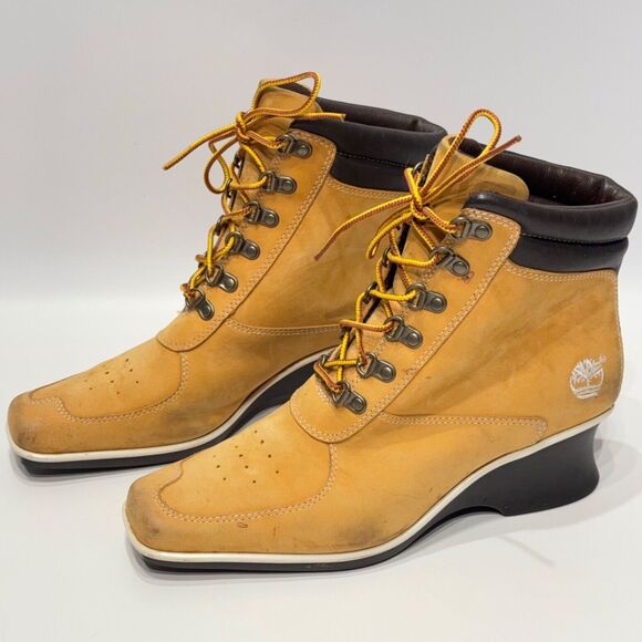 Timberland Wheat Nubuck Leather Wedge Heel Ankle Boot Square Toe Women Size 7.5M - Picture 2 of 14